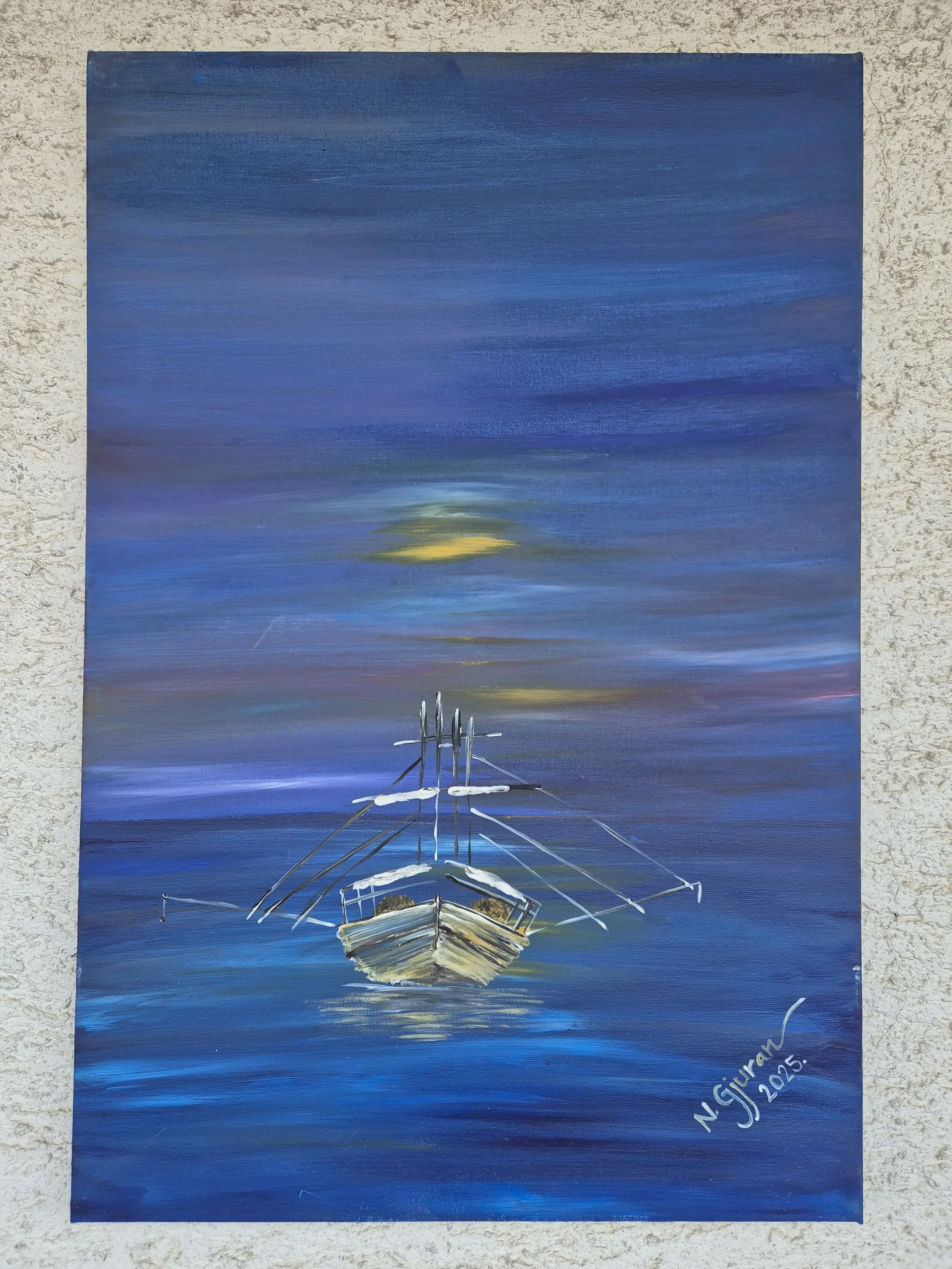 A painting of a boat on the water at sunset or sunrise with blue, yellow, and white colors, signed by NG Giurga and dated 2015.