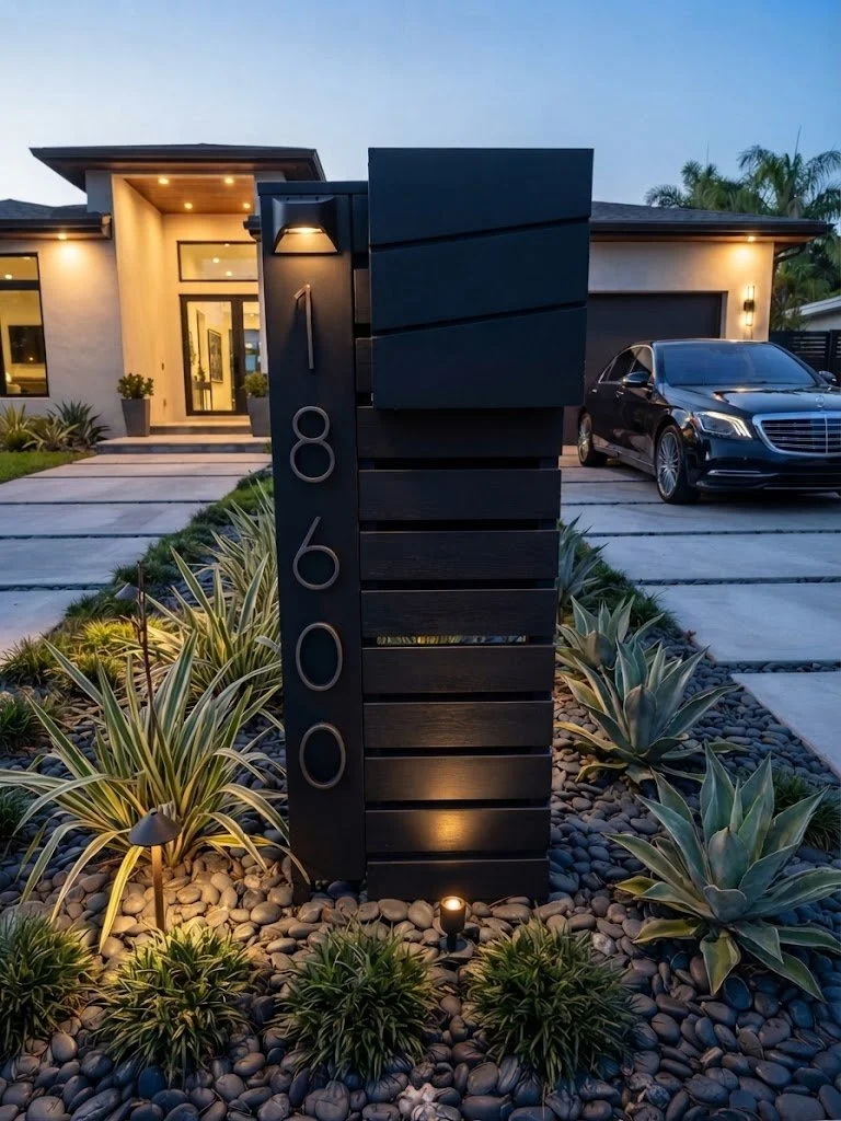 Modern house with sleek exterior lighting, a black driveway with a luxury car, and a black address sign with the number 860.
