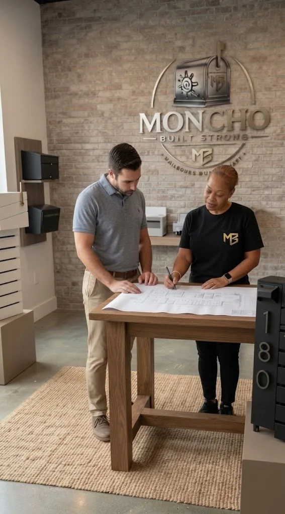 Man and woman reviewing documents at a reception desk in Mon Chō building, with the Mon Chō logo on the brick wall behind them.