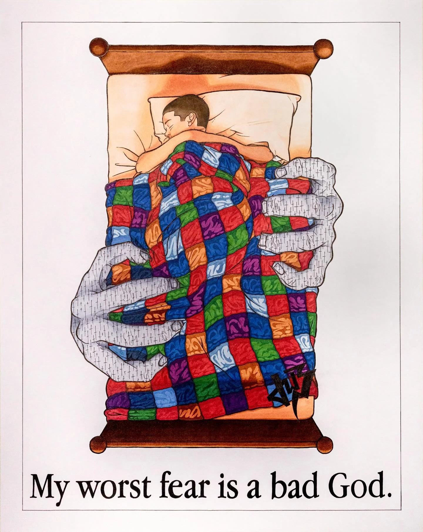Fears of a Boy (2025)
19 x 24&rdquo;
Alcohol Markers and Micron Pens

I&rsquo;ve made a lot of work that I&rsquo;m proud of, but nothing like this. When the idea for this piece came to me, I felt like I had stumbled upon something that was beyond me.