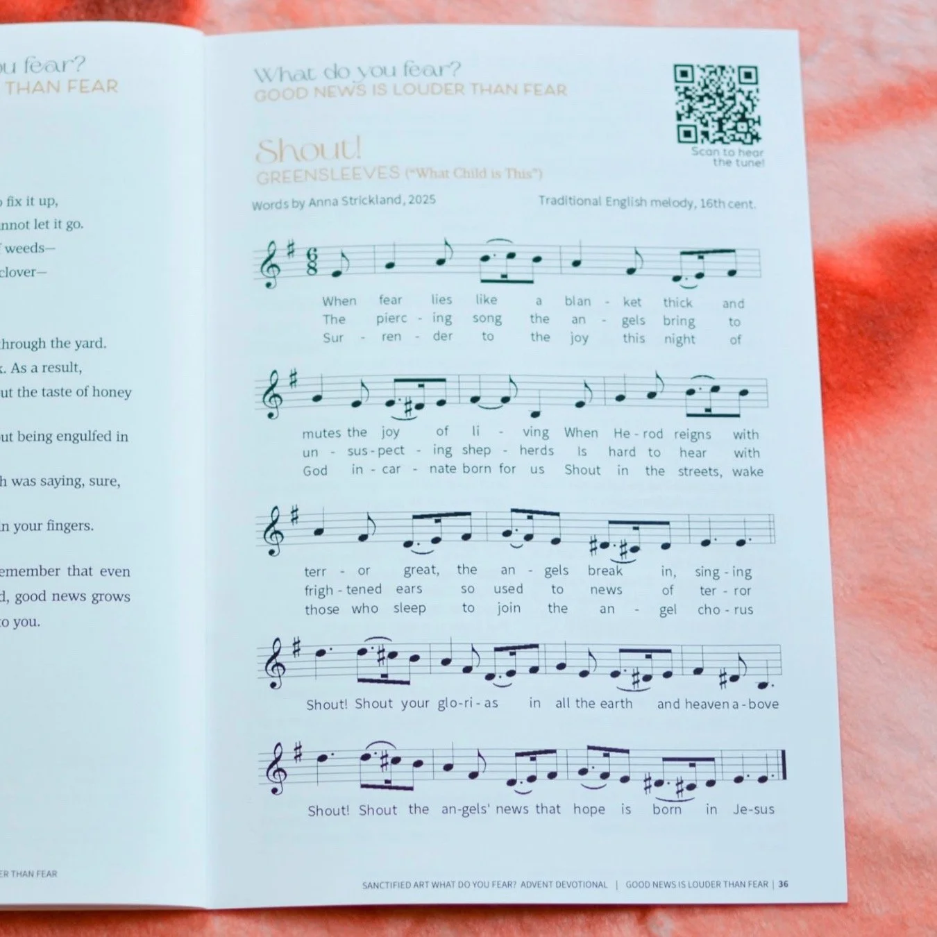 Tonight we sang new words to "What Child is This?" The chorus, "Shout! Shout the angels' news that hope is born in Jesus" is our work. Good news? Is LOUDER than fear! @sanctifiedart
