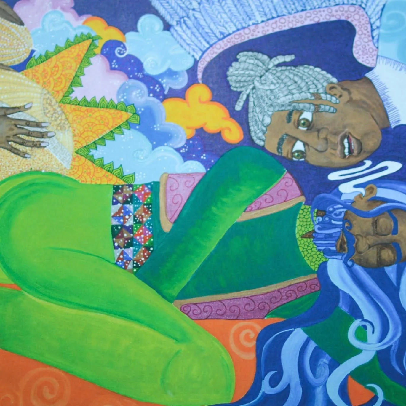 The angel appears to Joseph. The artist, Nicolette Faison, shares: "This made me think of a Joseph who can&rsquo;t sleep well at night, as his mind is uneasy with the words of Gabriel in
his ear. I wanted Joseph to have an uncomfortable sleep fo