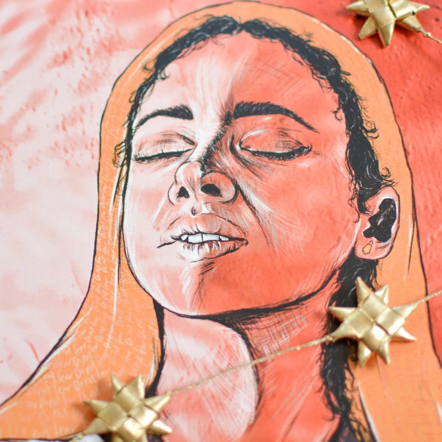 The artist, the Rev. Lisle Gynne Garrity writes: "In this image, we see the angel greeting Mary in the form of dappled light.6 Mary&rsquo;s back is turned to the angel, but we see her in the process of pivoting toward the warmth of the cascading