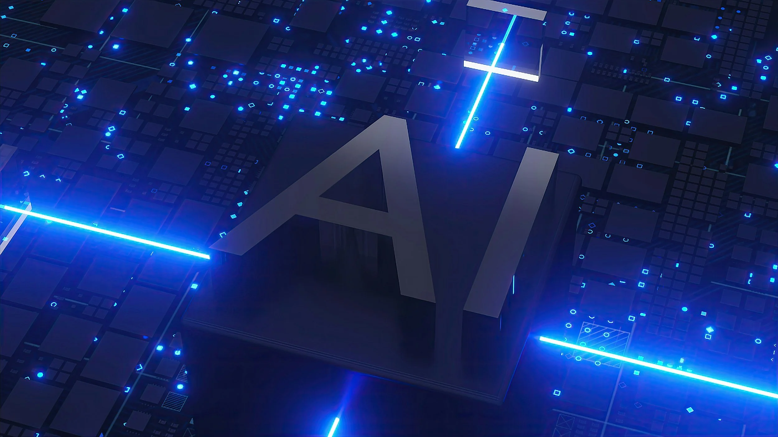 A digital illustration of futuristic technology with glowing blue lines, circuits, and geometric shapes, featuring a prominent arrow symbol pointing upward.