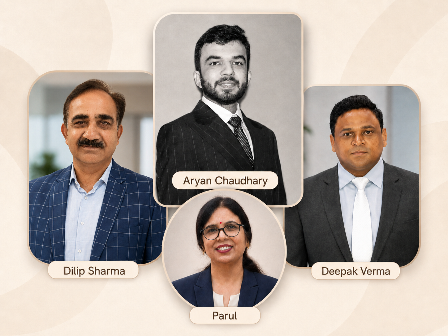 Collage of four professional headshots. Top center: Aryan Chaudhary wearing a black suit and tie, smiling. Bottom center: Parul wearing glasses and a navy blazer, smiling. Bottom left: Dilip Sharma in a checked blue suit, smiling. Bottom right: Deepak Verma in a dark suit with white shirt and tie, serious.