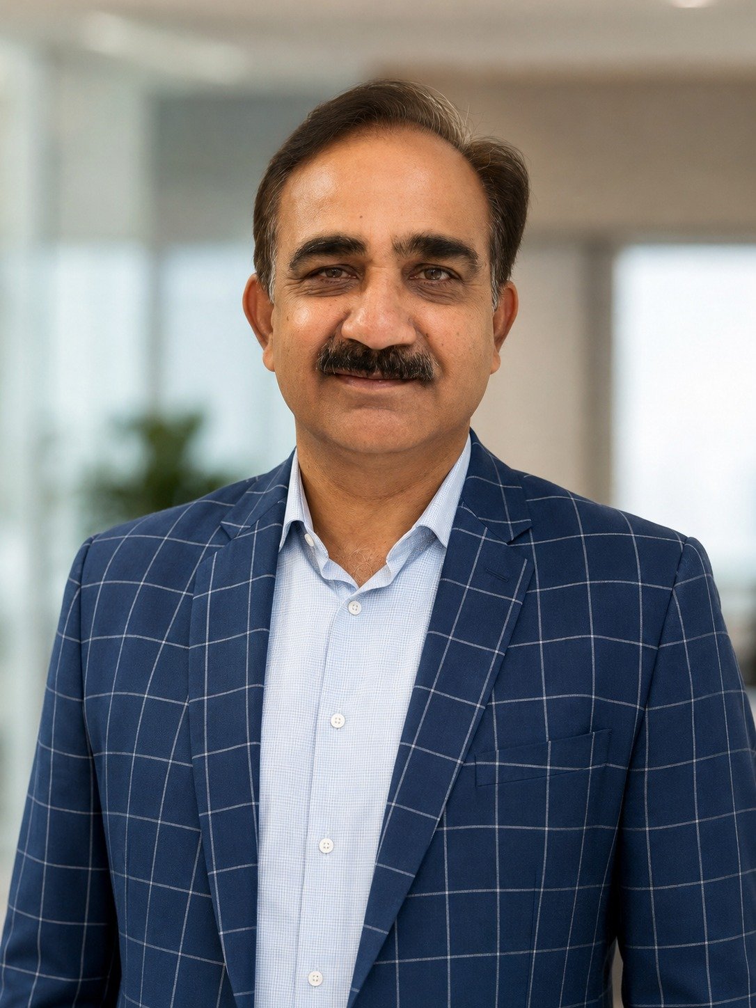 A man with a mustache wearing a blue checkered blazer and light blue dress shirt, standing in an office.
