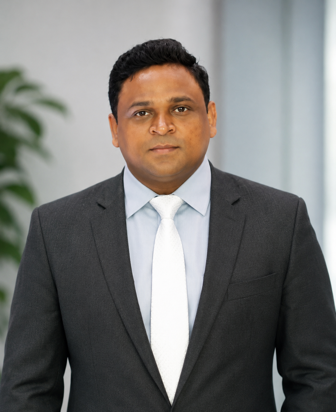 Professional portrait of a man in a suit and tie looking at the camera, with a neutral background and a plant visible on the left side.