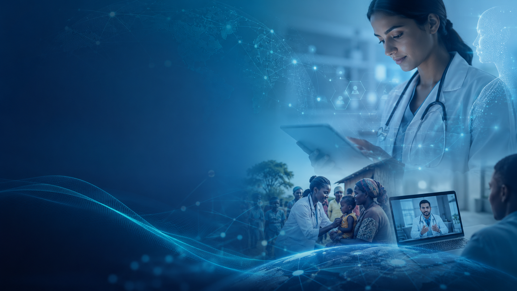 A healthcare professional, possibly a doctor, looking at a tablet device, with a digital overlay of a world map and interconnected icons representing healthcare. Below, a group of healthcare workers and patients interact outdoors, with a laptop showing a doctor and a video call.