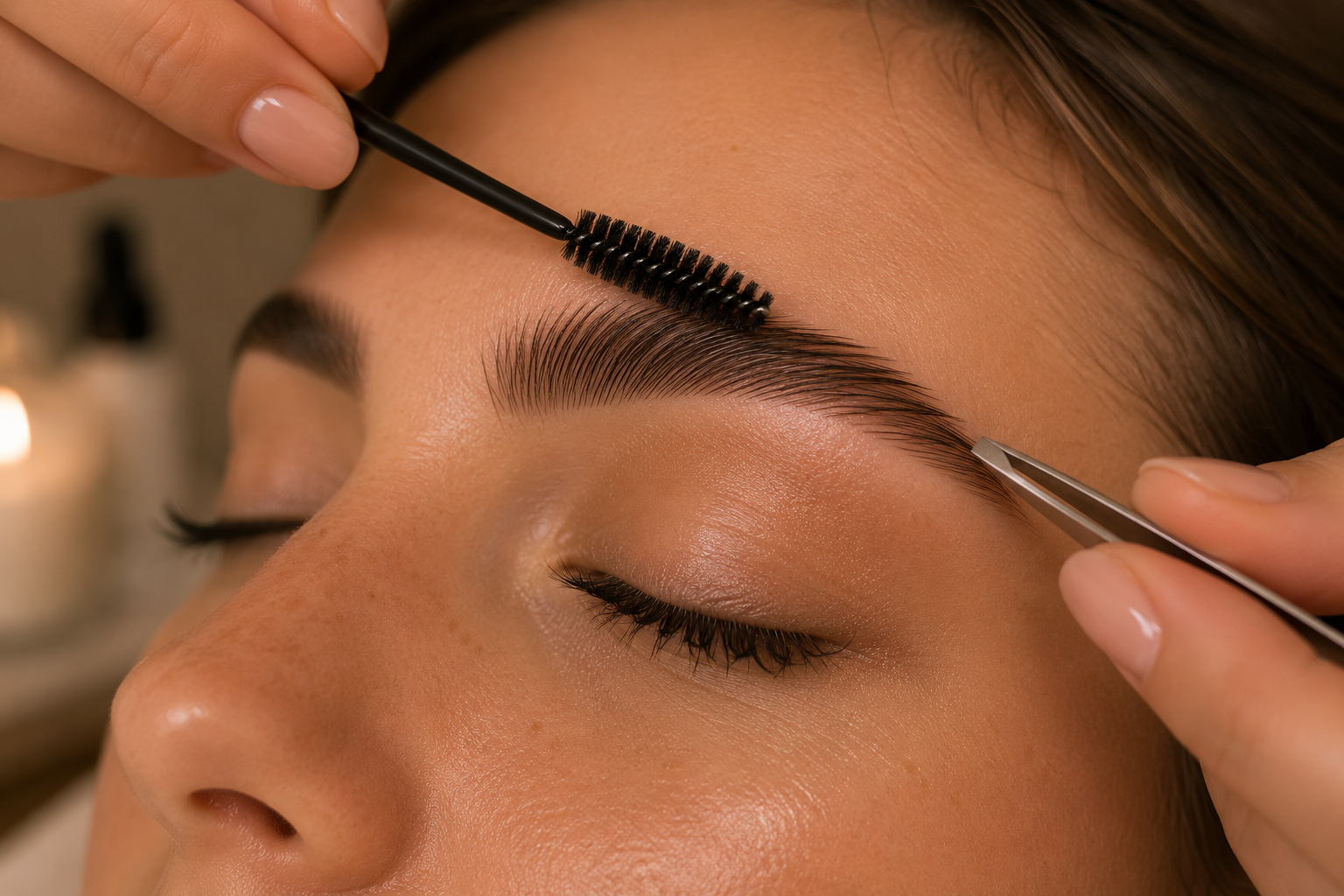 Close-up of a brow shaping and grooming treatment using professional esthetic techniques.
