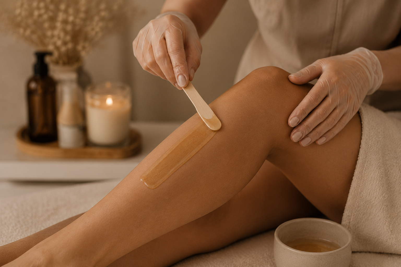 Professional leg waxing treatment performed by a licensed esthetician.