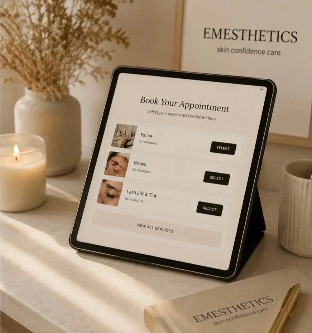 Tablet on a desk displaying an appointment booking screen for aesthetic skin care services, with options for facial, brows, and lash lift & tint, alongside candles, plants, and a brochure.