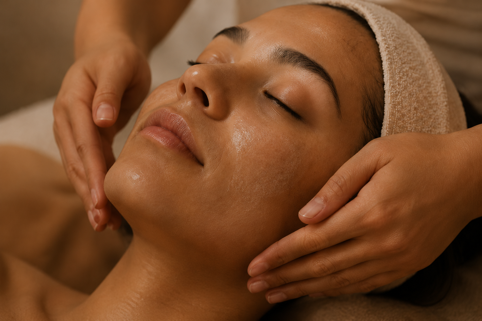 Close-up of a woman receiving a facial massage with a towel wrap on her head at a spa.