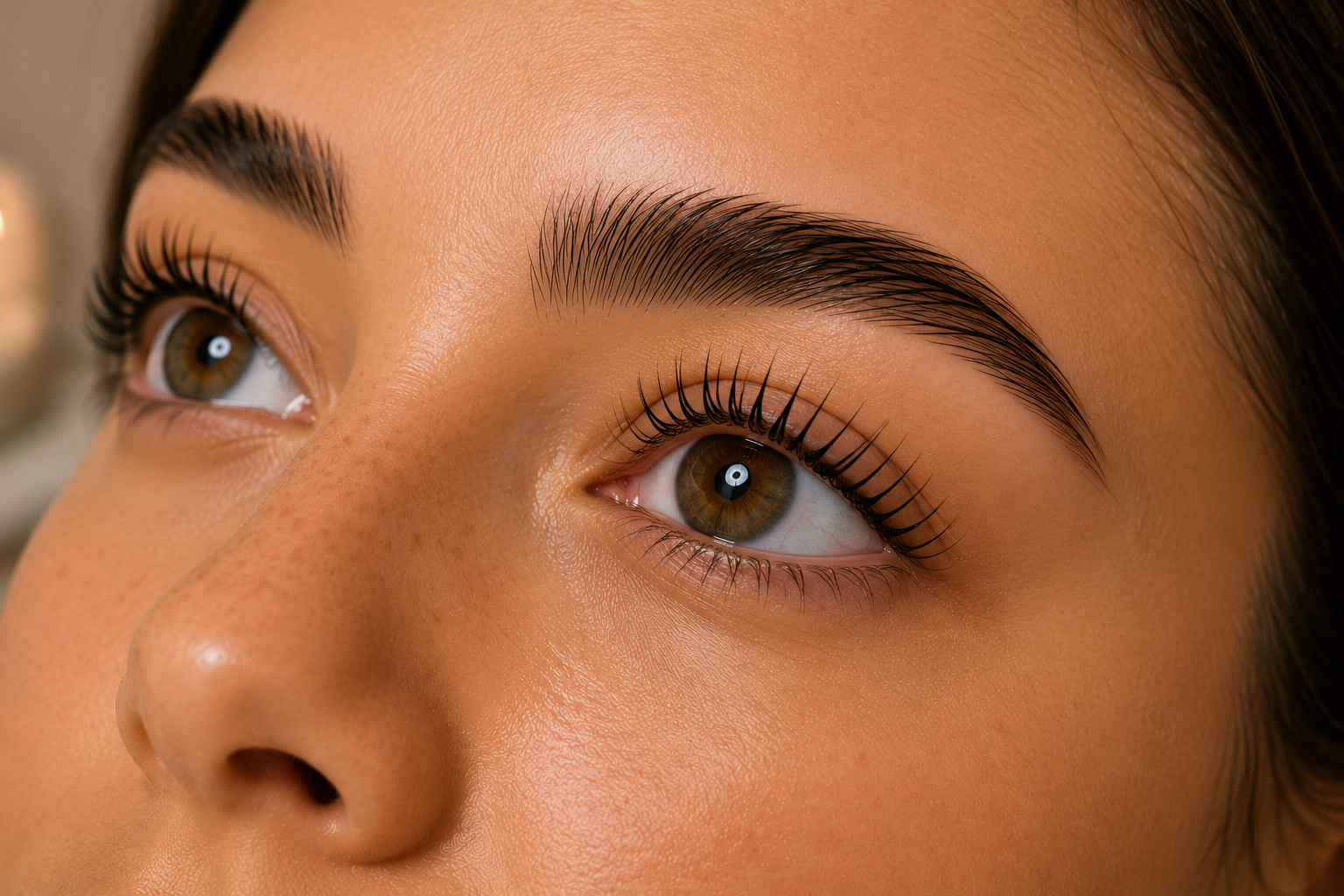 Close-up of naturally lifted and defined lashes after a professional lash lift treatment.