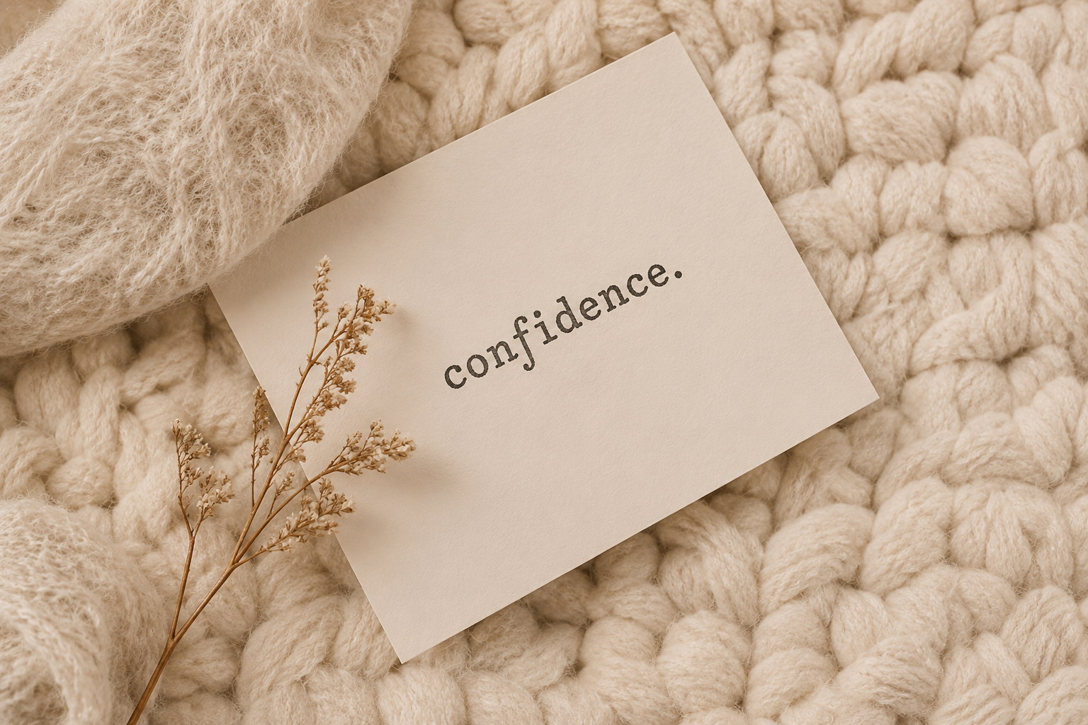 A white card with the word 'confidence' written on it, placed on a chunky cream-colored knit blanket, with a small dried flower and a piece of soft, fuzzy fabric nearby.