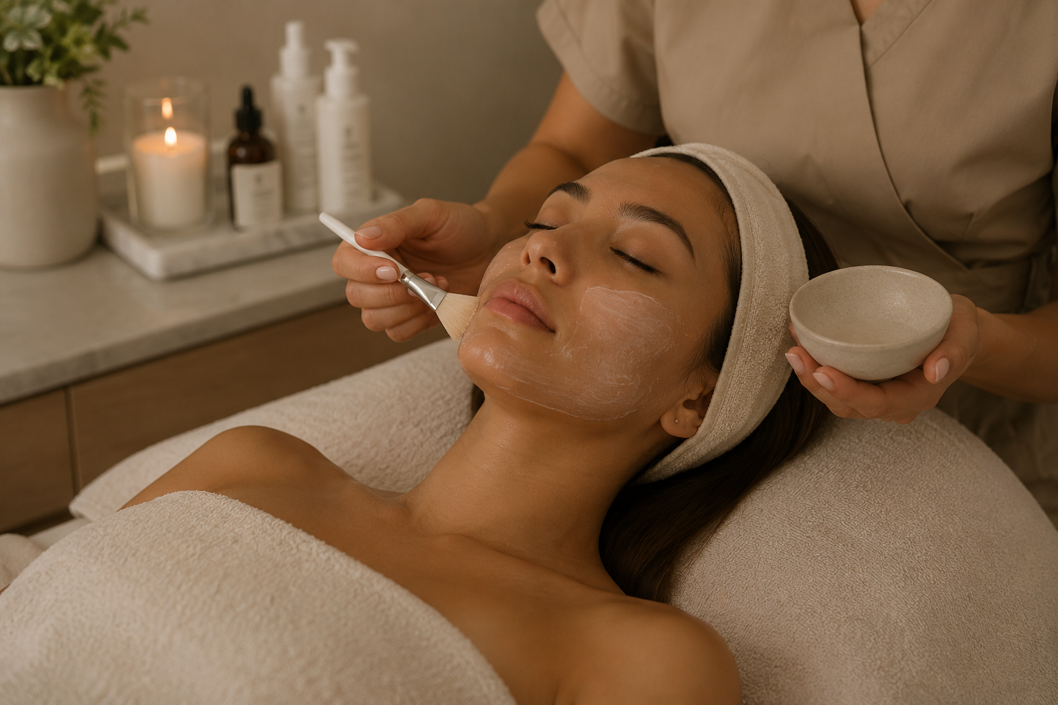 Client relaxing during a professional facial while a customized treatment mask is applied.