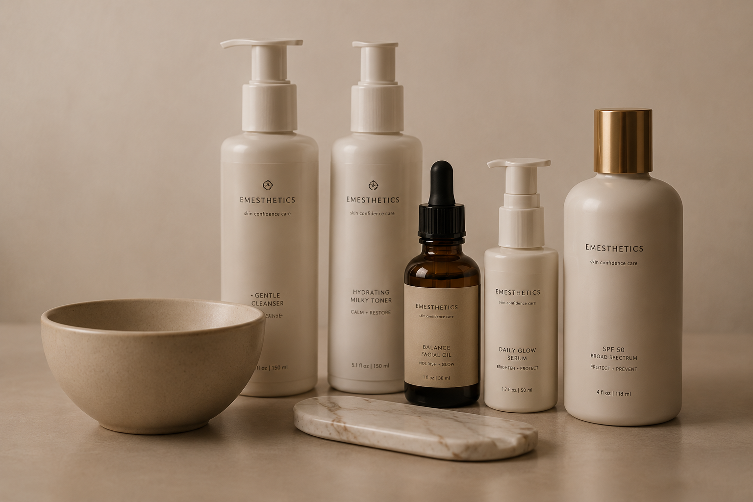 A collection of skincare products including a gentle cleanser, hydrating milky toner, balance facial oil, daily glow serum, and SPF 50 moisturizer, with a ceramic bowl and a marble tray on a neutral-colored surface.