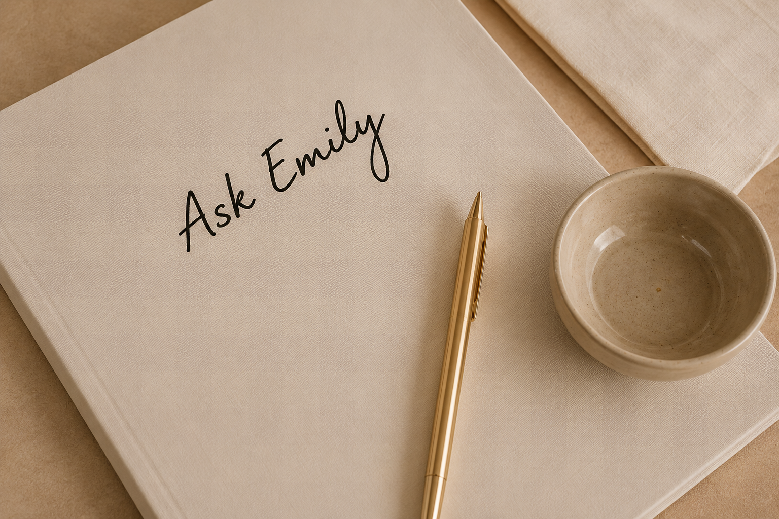 A book with the title Ask Emily next to a gold pen and a small beige bowl, all on a beige surface.