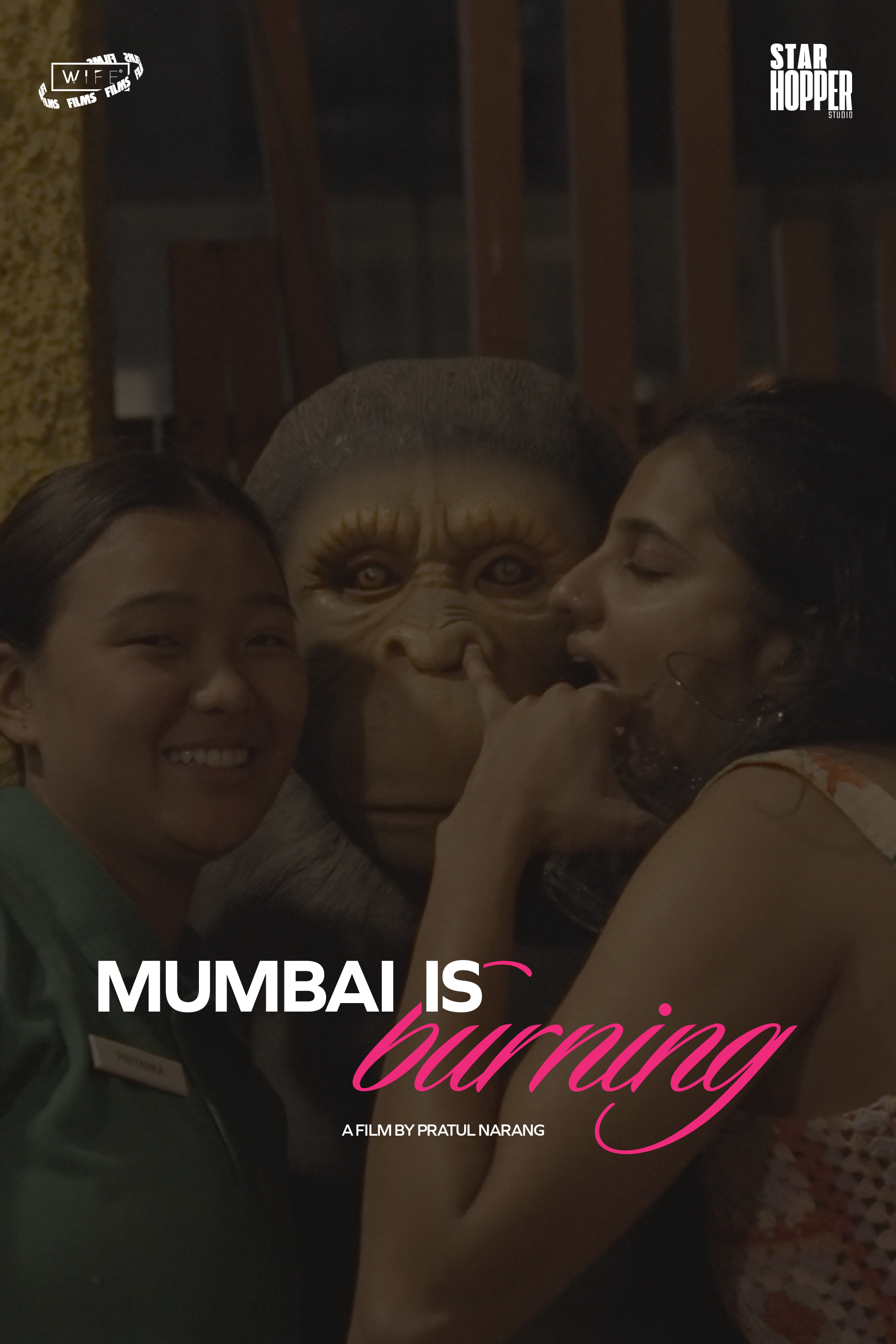 Movie poster for 'Mumbai is Burning' showing three women, one of whom is smiling, one has closed eyes, and one is touching her face, with a background of wooden chairs and a textured wall.