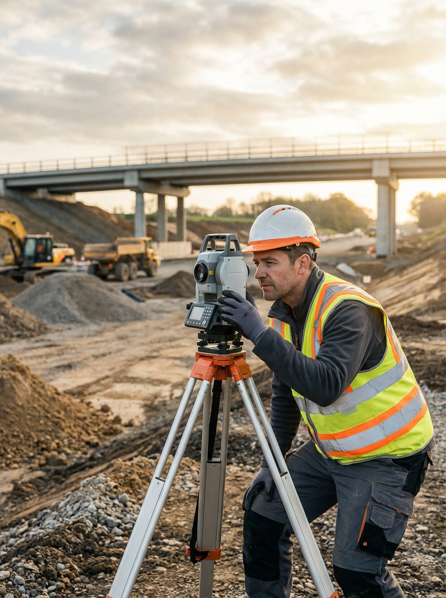 Construction worker with safety helmet and reflective vest using a surveying instrument at a construction site under a bridge.