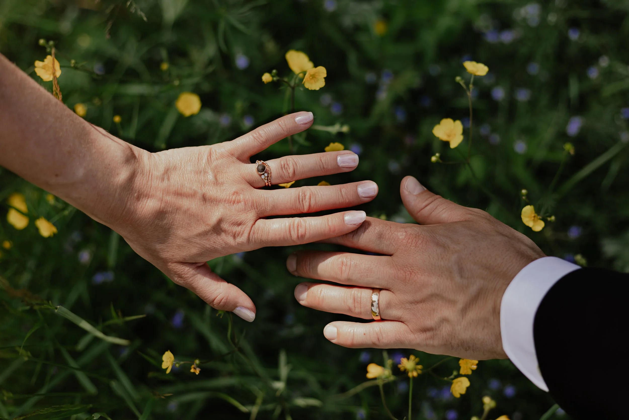 Vigselringar av svart diamant på en blommande äng.