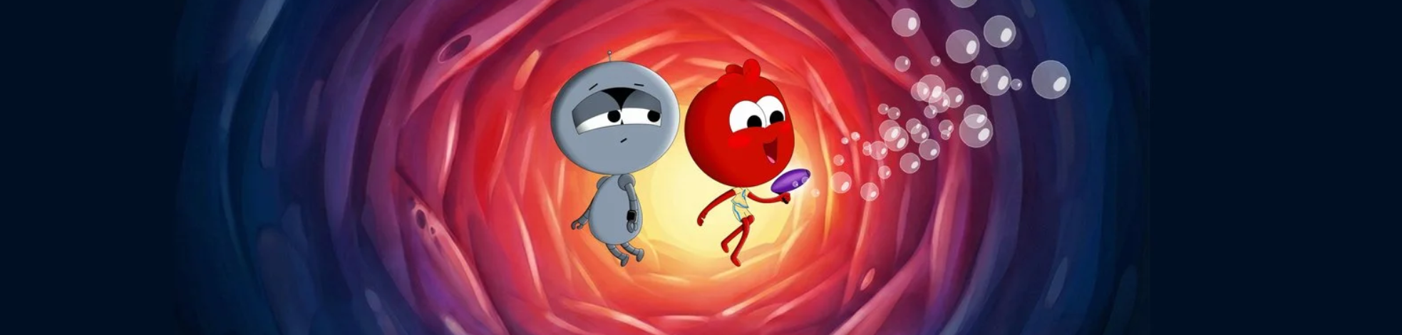 Animated characters, a gray robot and a red character, are floating inside a colorful tunnel with bubbles escaping from the red character.