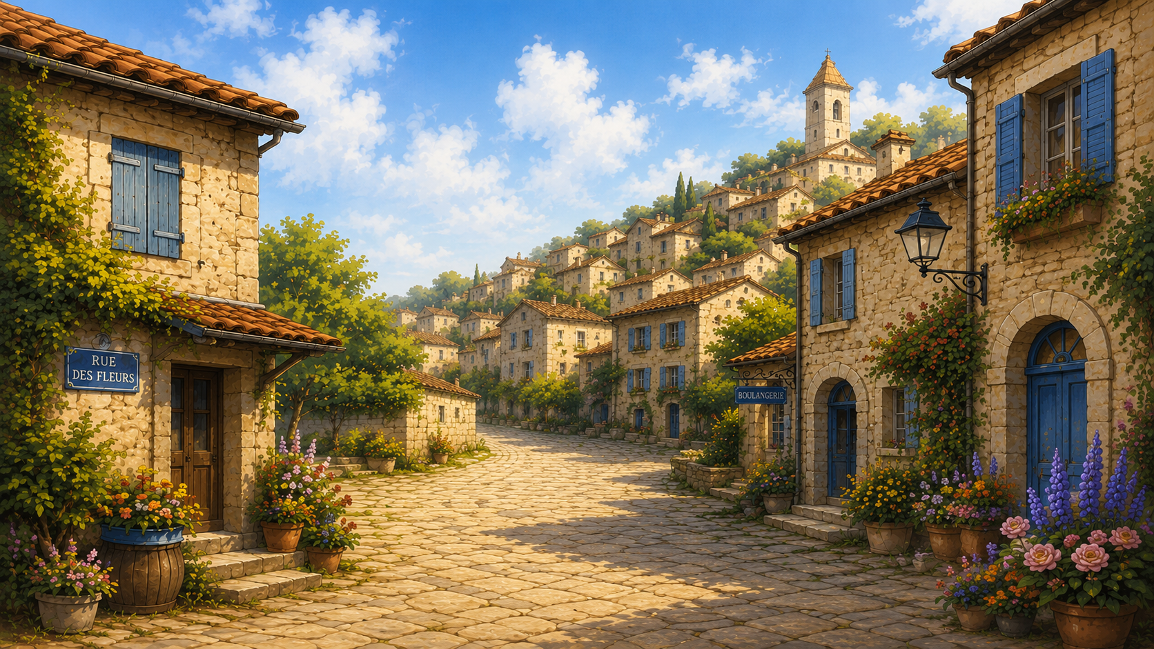 A scenic cobblestone street in a French village with stone houses, colorful flowers, and a hill with more houses and a church in the background, under a blue sky with clouds.