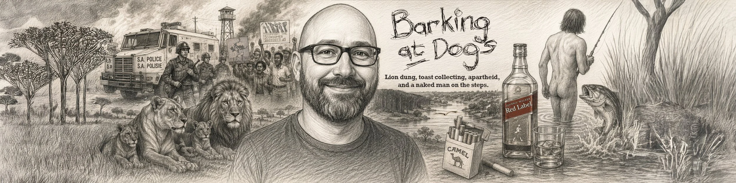 A detailed black-and-white drawing featuring lions, a police riot truck, and protesters holding signs. To the right, a nude man fishing, a bottle of Johnnie Walker Red Label whiskey, a glass of whiskey, and a fish. The background shows a scenic landscape with trees, water, and a tower.