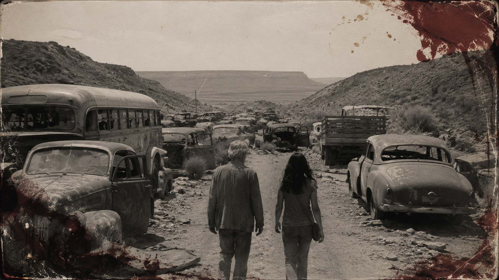 Two people walking on a dirt road surrounded by abandoned, rusted vintage cars and buses in a desert landscape with hills in the background, black and white with a distressed, aged effect.