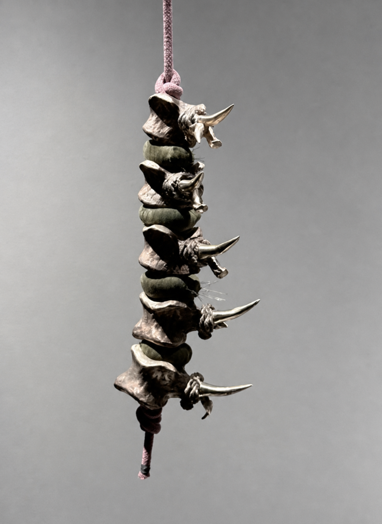 A vertical row of vertebrae suspended on a rope with spikes coming out where the back bone would be.