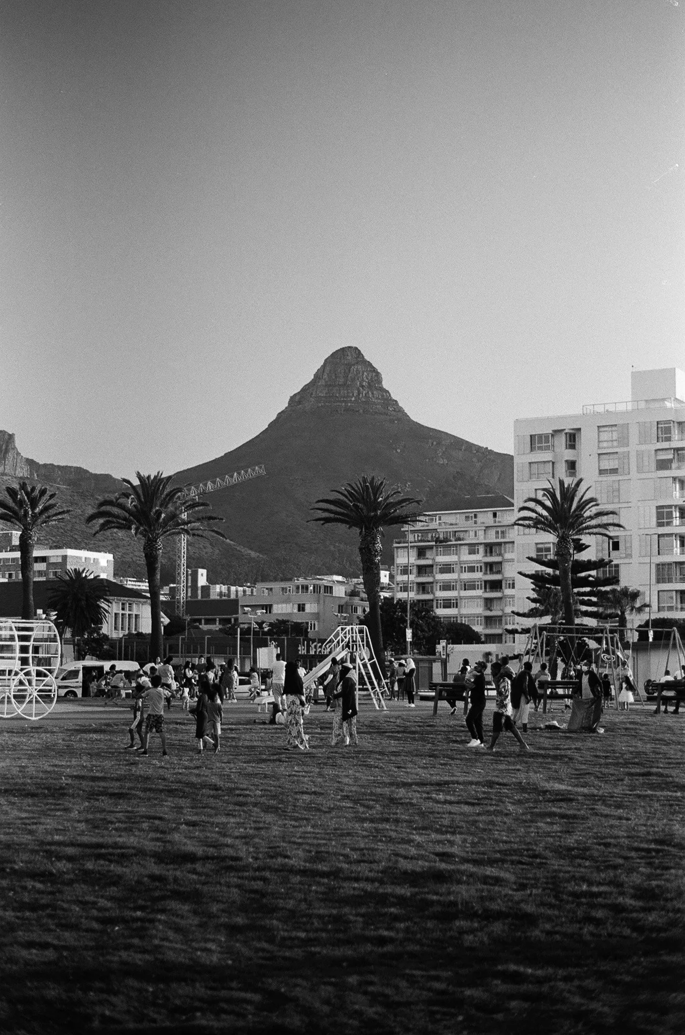 Black and white photo of a park or playground filled with children and adults. In the background, there are palm trees, multi-story buildings, and a mountain with a distinctive flat top.