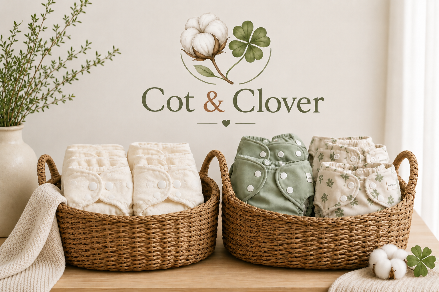 Wicker baskets filled with neatly folded cloth diapers on a wooden table, with a large beige vase with greenery on the left and a cotton branch on the right, against a white wall with a Cot & Clover logo featuring cotton flowers and a clover leaf.