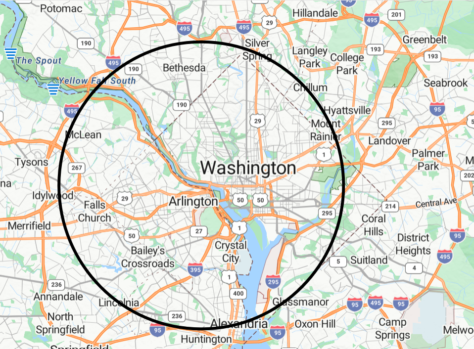 Map of Washington, D.C. area, with a black circle marking a boundary around the city and surrounding suburbs.