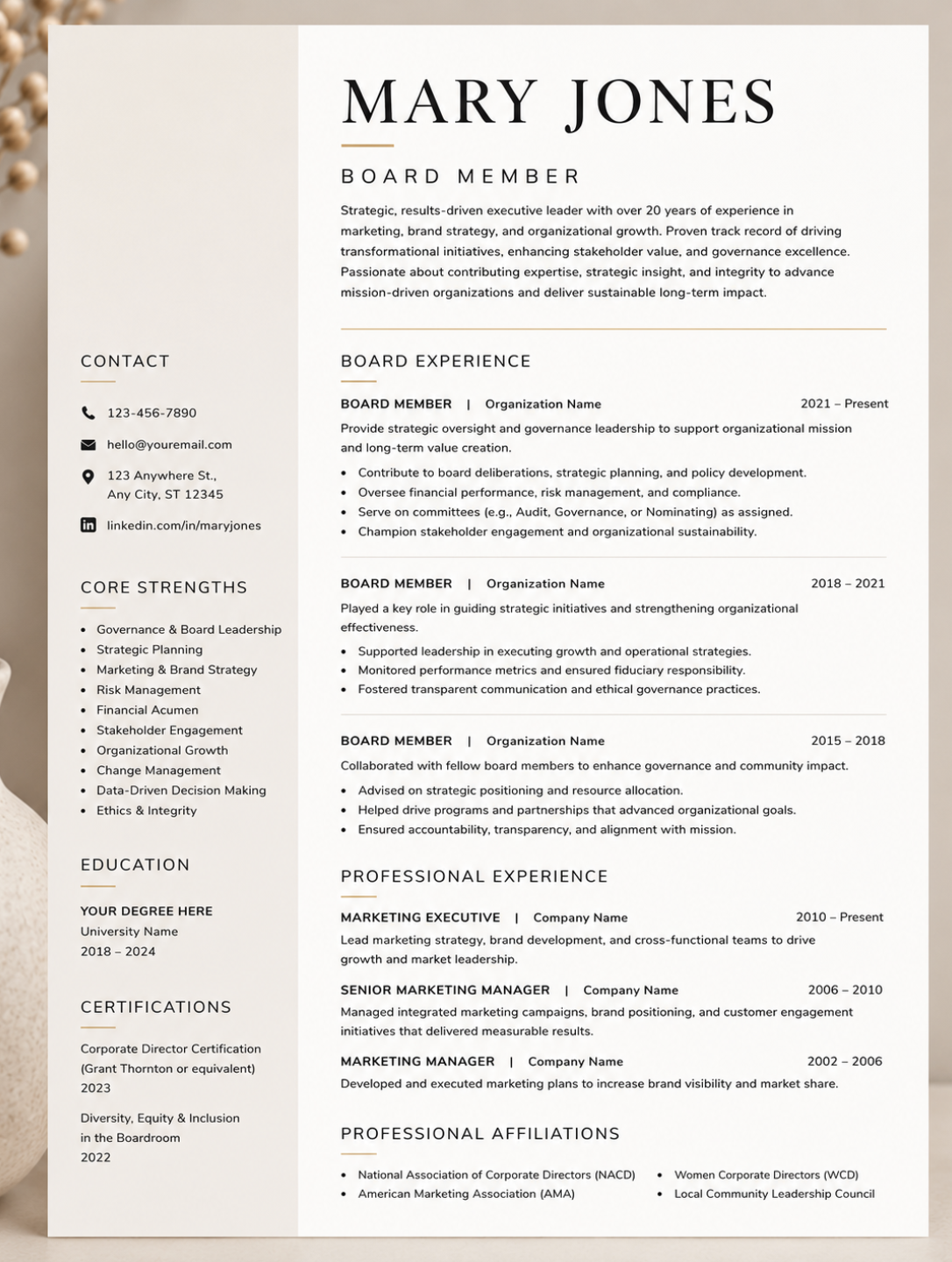 A resume for Mary Jones, a board member, including contact information, core strengths, education, certifications, professional experience, and affiliations.