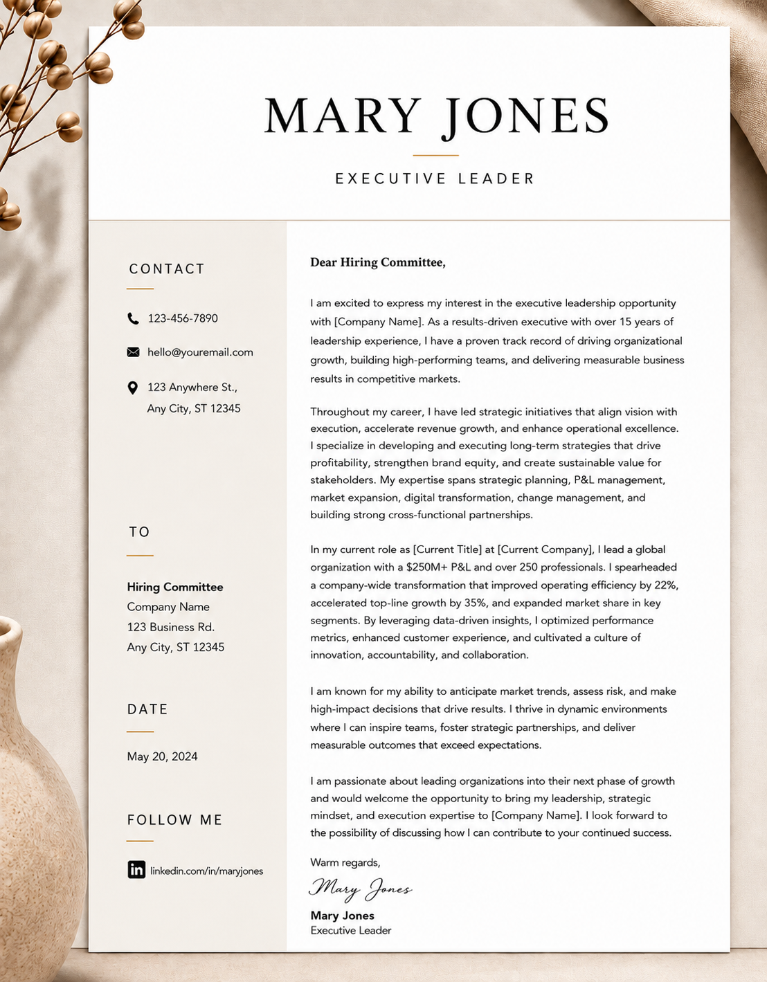 Professional resume or cover letter for Mary Jones, an executive leader, displayed on a wooden desk with decorative plants and neutral-toned fabric.