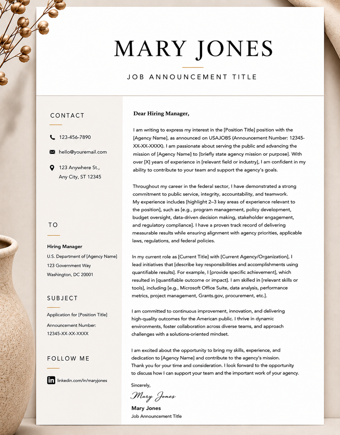 A professional resume for Mary Jones, including contact information, job announcement, subject, and social media link, displayed on a white sheet with decorative plant accents on the sides.