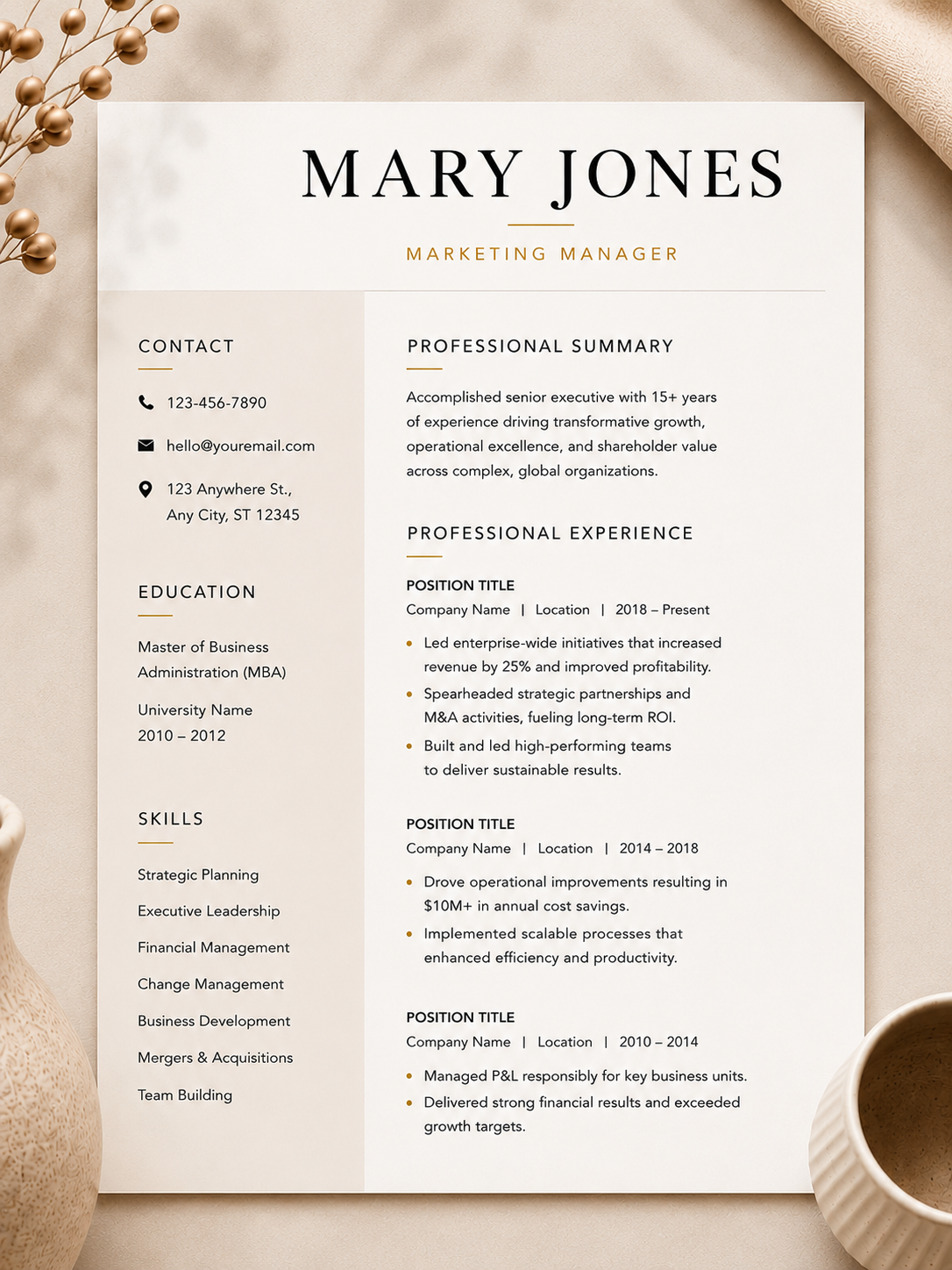A polished resume for Mary Jones, a marketing manager, with contact details, education, skills, and professional experience, placed on a beige surface with decorative vases nearby.