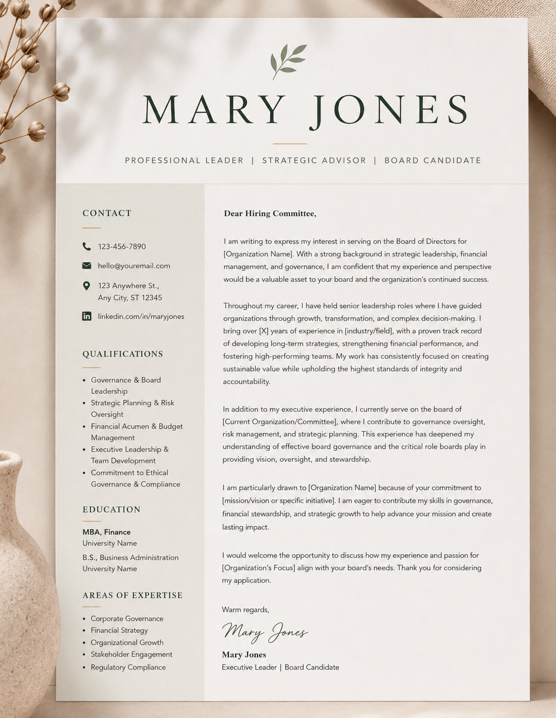 A professional resume for Mary Jones with contact info, qualifications, education, areas of expertise, and a cover letter on the right side.