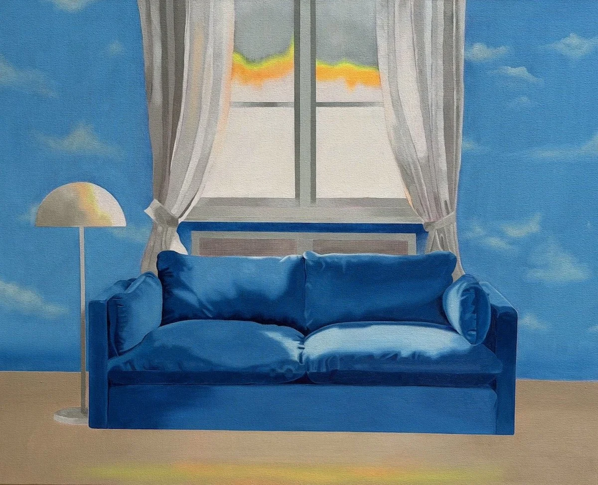 A blue sofa in front of a window with white curtains, a lamp to the left, and a backdrop of a sky with clouds and clouds on the wall.