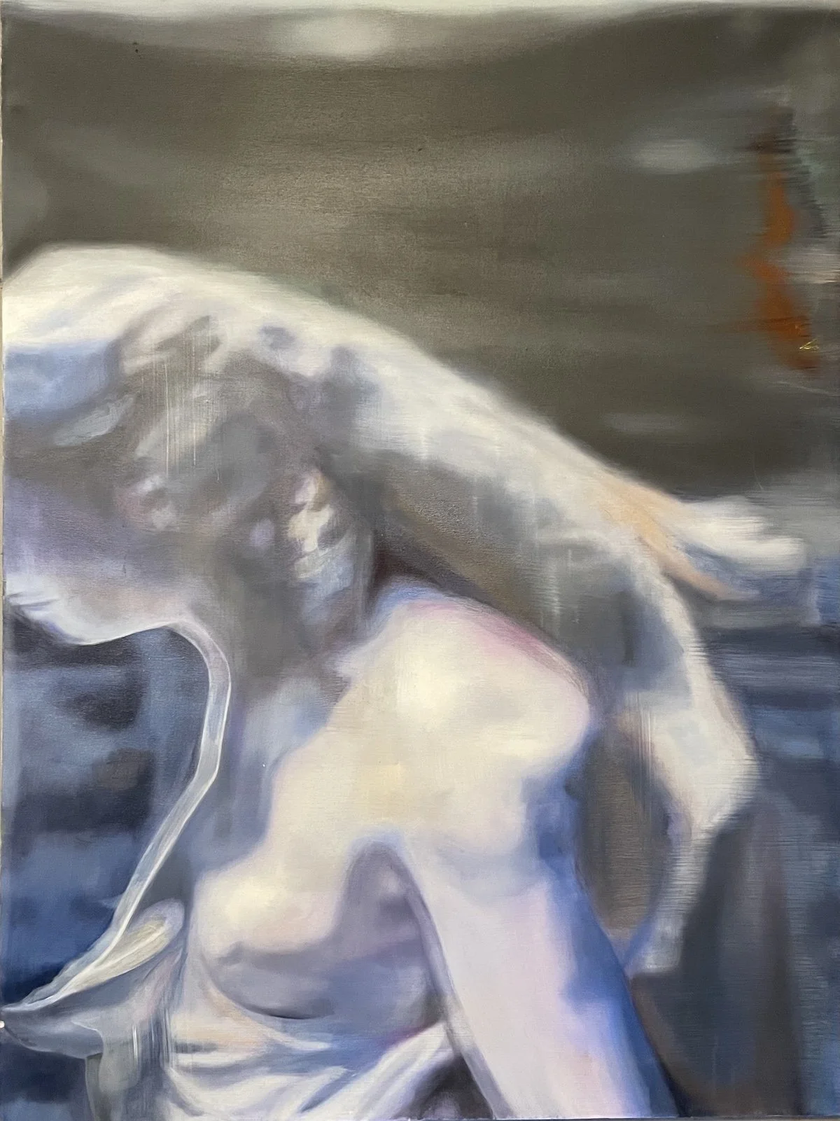 Painting of the upper torso and head of a statue of a woman, rendered in soft, blurry brushstrokes with shades of gray, white, and purple.