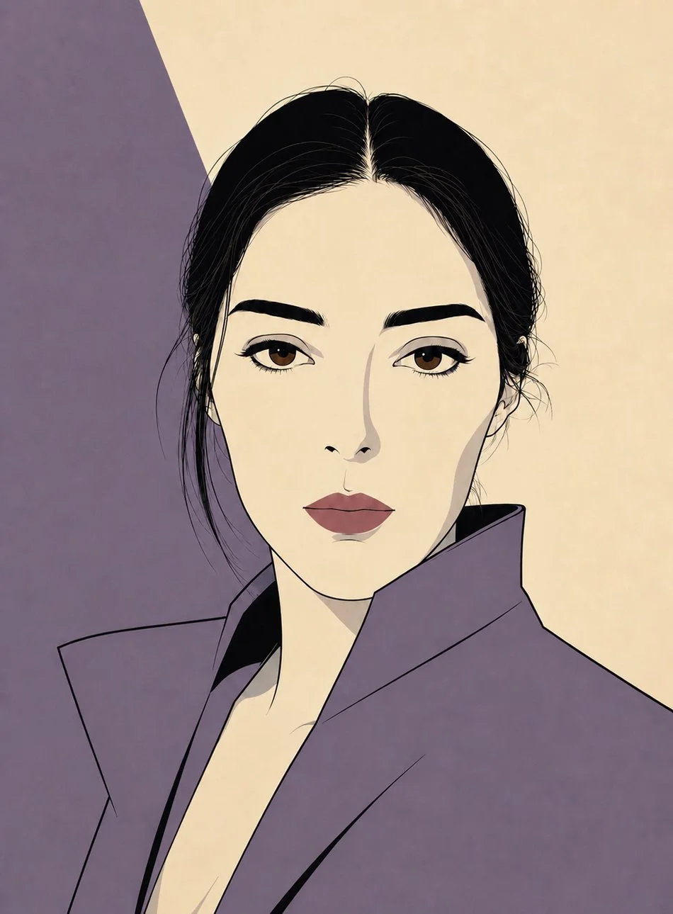 Illustration of contemporary artist Christina Casey with dark hair, wearing a purple top with a high collar, against a background split between purple and light beige.