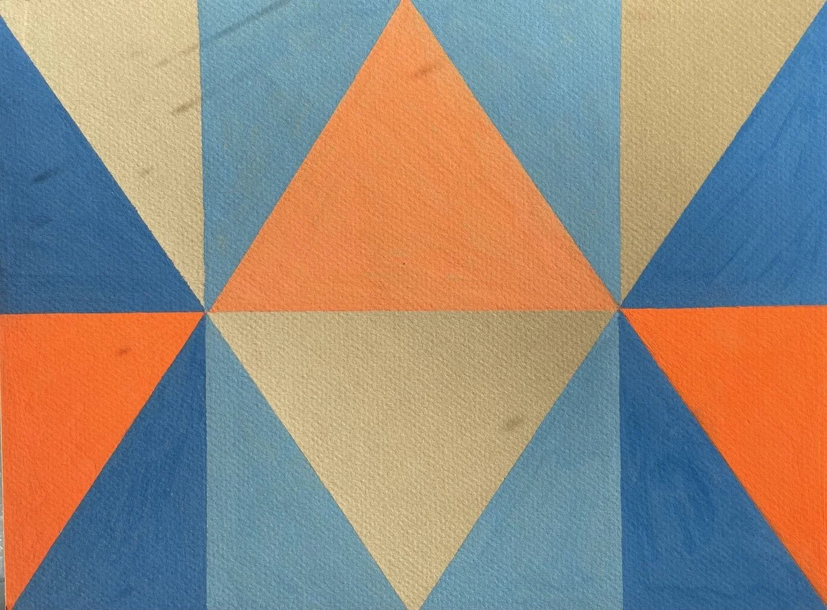 Abstract geometric painting with triangles in orange, beige, blue, and turquoise colors.