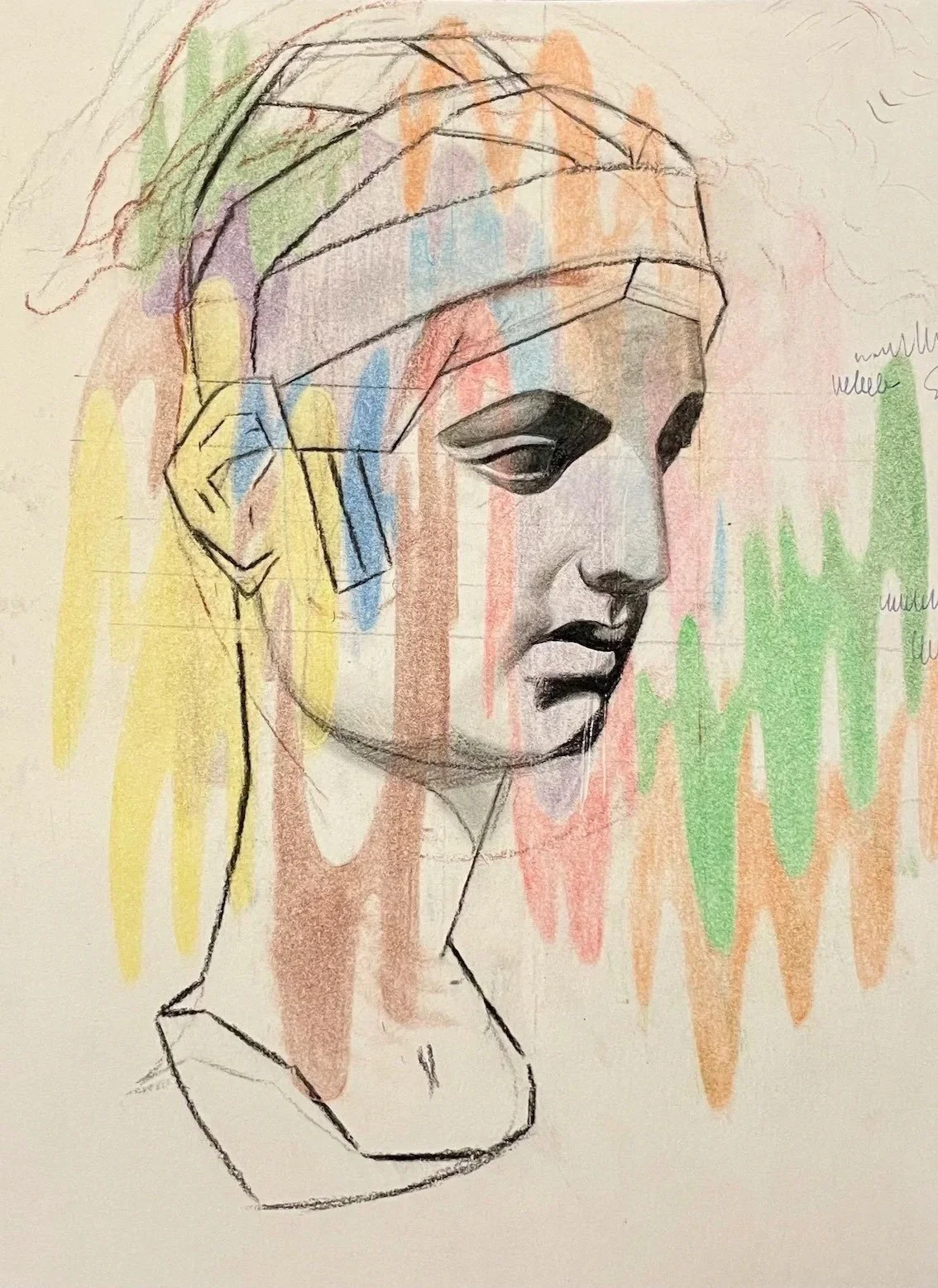 A sketch of a woman's side profile with colorful vertical streaks in the background and on her head covering.