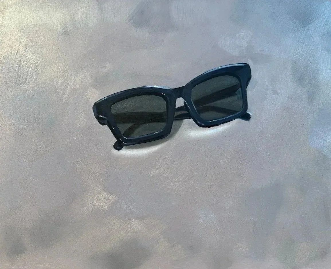A painting of a pair of black sunglasses with dark lenses resting on a mirrored surface.