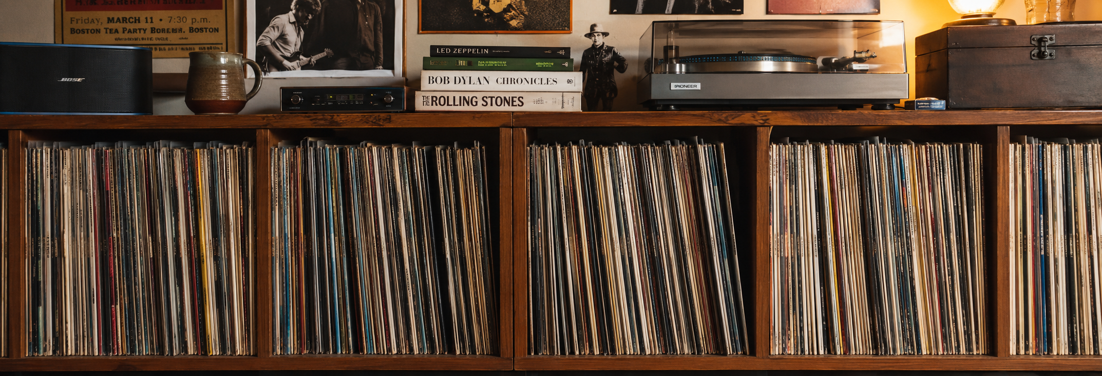 A wooden shelf filled with vinyl records.