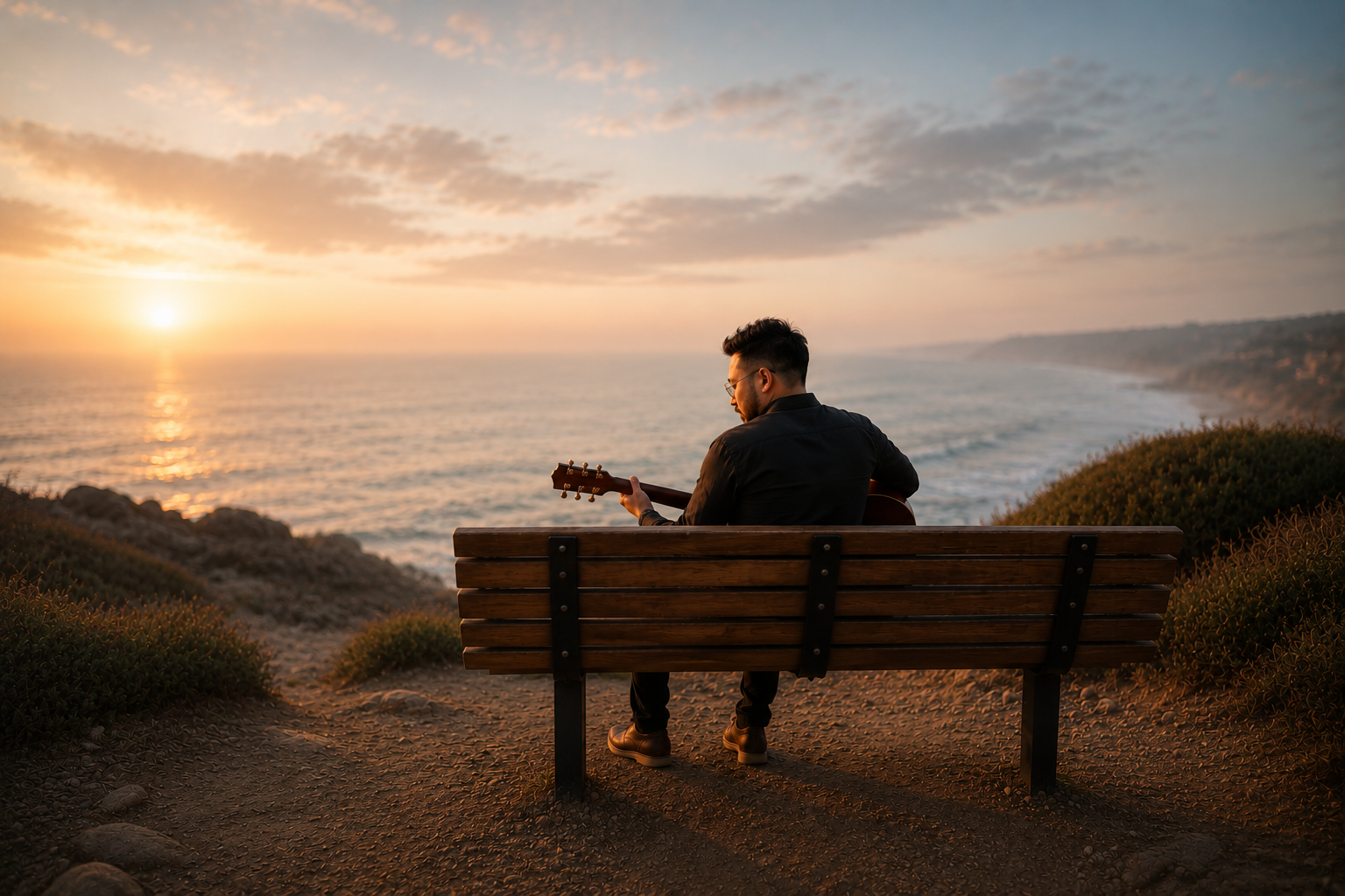 A man sitting on a wooden bench by the ocean during sunset, playing acoustic guitar.