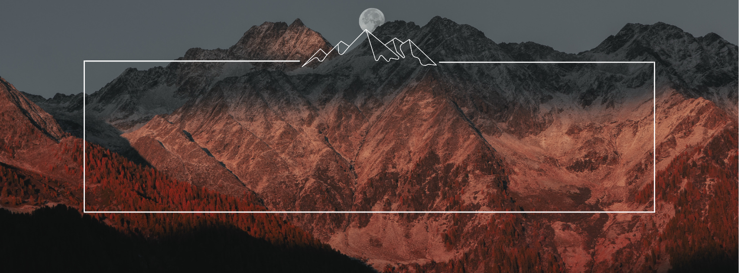 Mountain landscape with snow-capped peaks, a full moon in the sky, and a line drawing of a mountain range overlayed on red and brown terrain.
