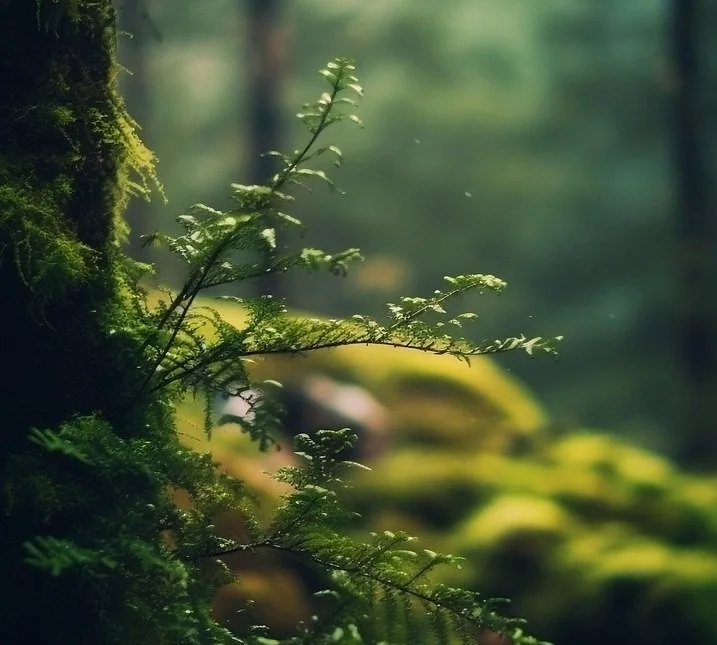 Close-up of small green fern growing on a moss-covered tree trunk in a lush forest.