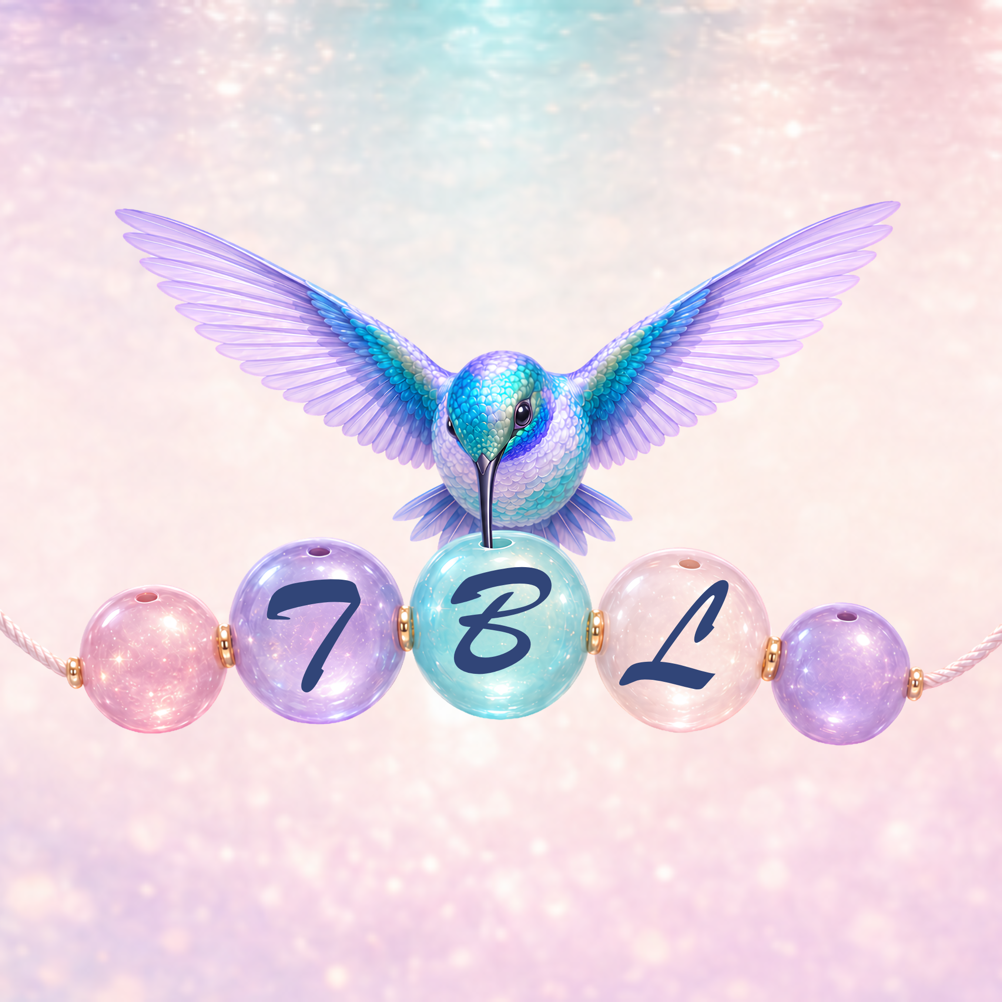 A colorful, stylized bird with outstretched wings, perched on pastel-colored balls with numbers, against a soft, glittery pastel background.