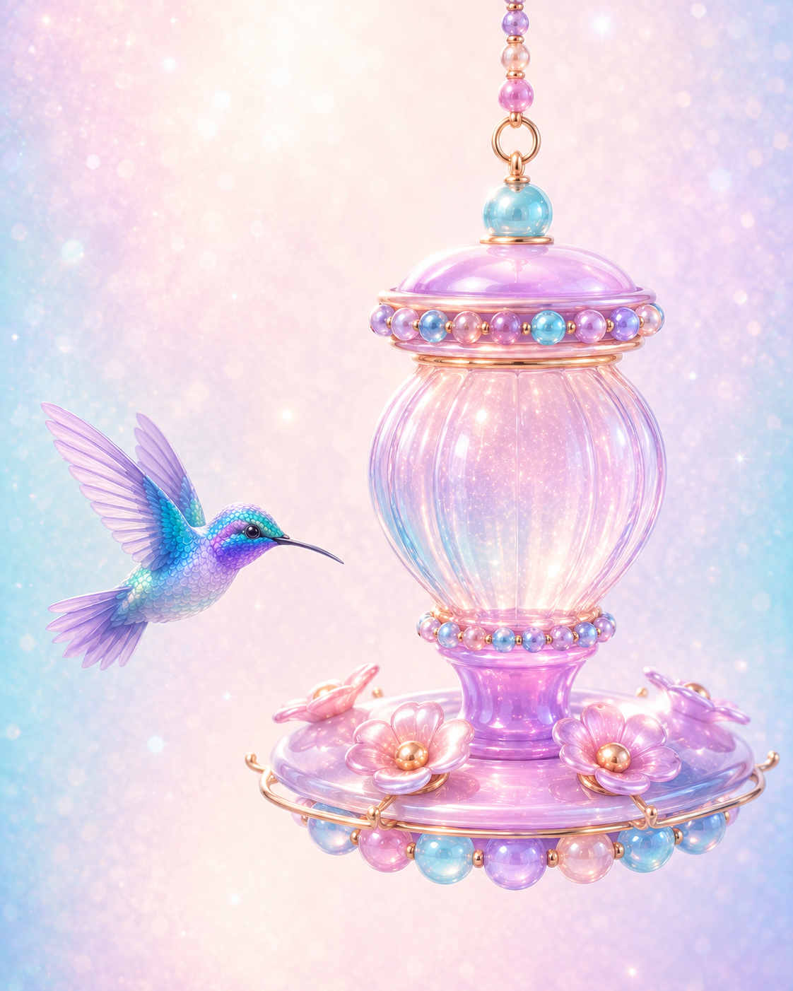 A pastel-colored, glittering, whimsical hummingbird hovering near a pink and purple ornate glass lantern with floral and pearl decorations, set against a sparkly, soft pastel background.