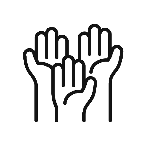 Three hands raised with open palms, symbolizing prayer or worship.
